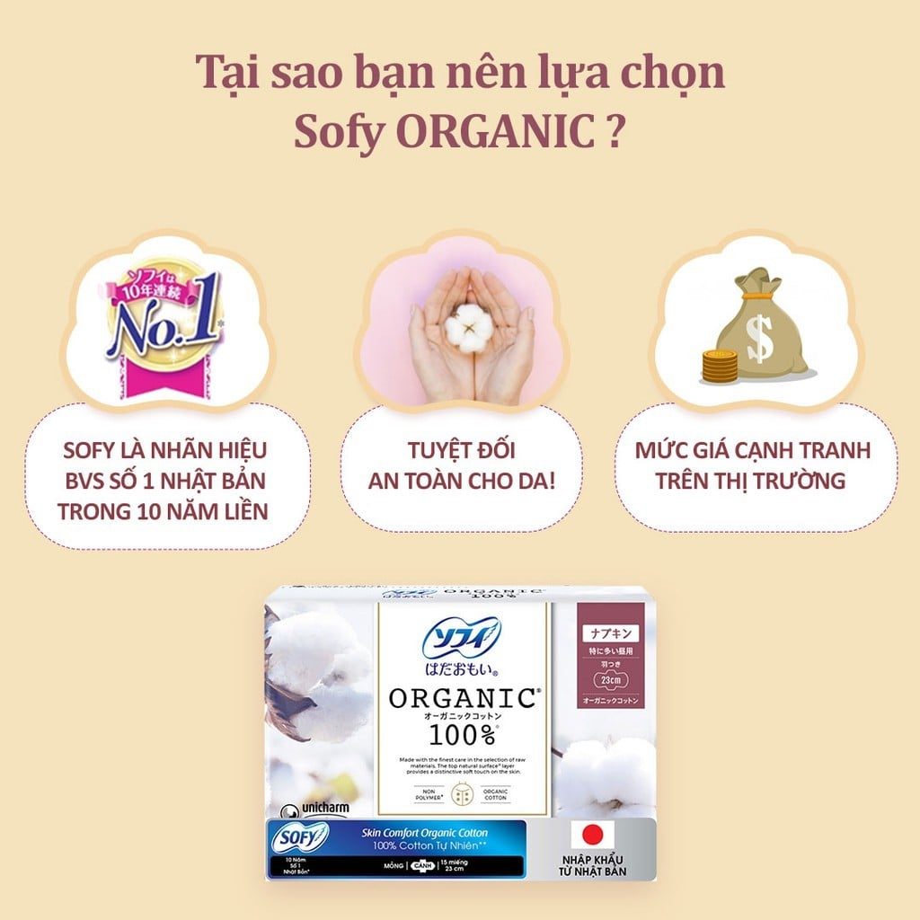 Băng vệ sinh siêu mỏng có cánh Sofy Organic 23cm 100% Cotton (gói 15 miếng)