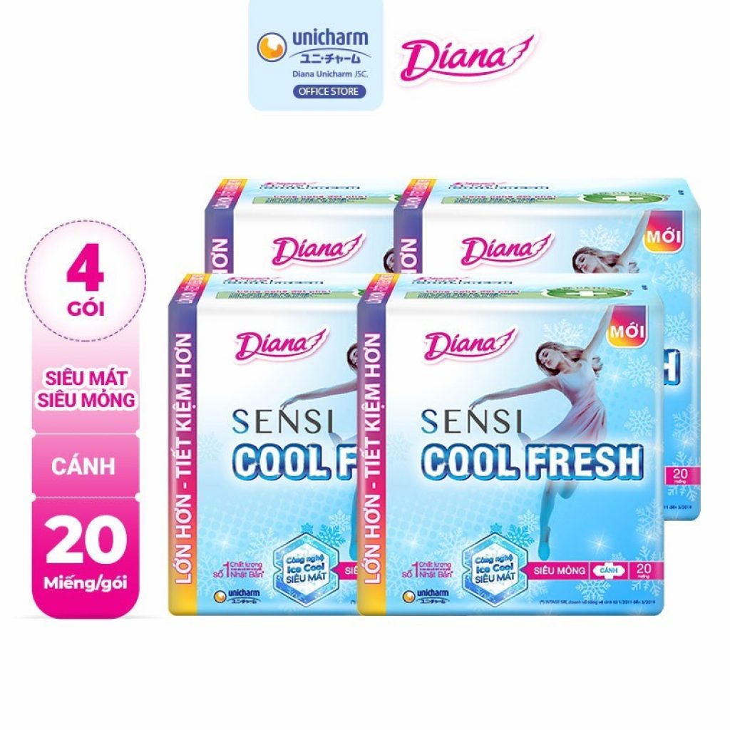 Bộ 4 gói băng vệ sinh Diana Sensi Cool Fresh siêu mỏng cánh gói 20 miếng/gói