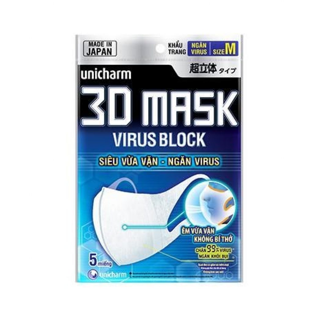 Khẩu trang ngăn vi khuẩn Unicharm 3D Mask Virus Block size M gói 5 cái