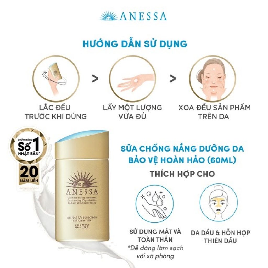 Hướng dẫn sử dụng Sữa chống nắng dưỡng da bảo vệ hoàn hảo Anessa Perfect UV Sunscreen Skincare Milk
