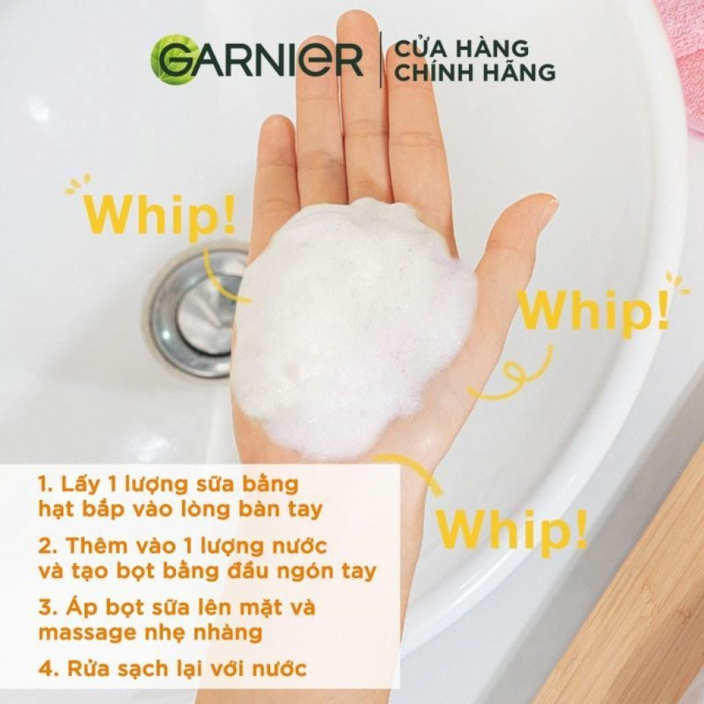 Hướng dẫn sử dụng sữa rửa mặt tạo bọt sáng da Garnier Whip Foam 100ml