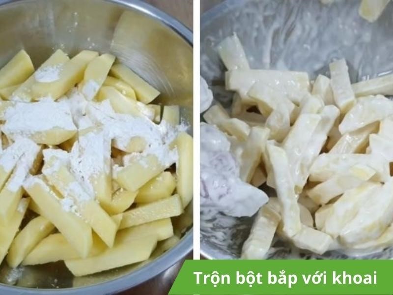 Trộn bột bắp với khoai lang cắt nhỏ