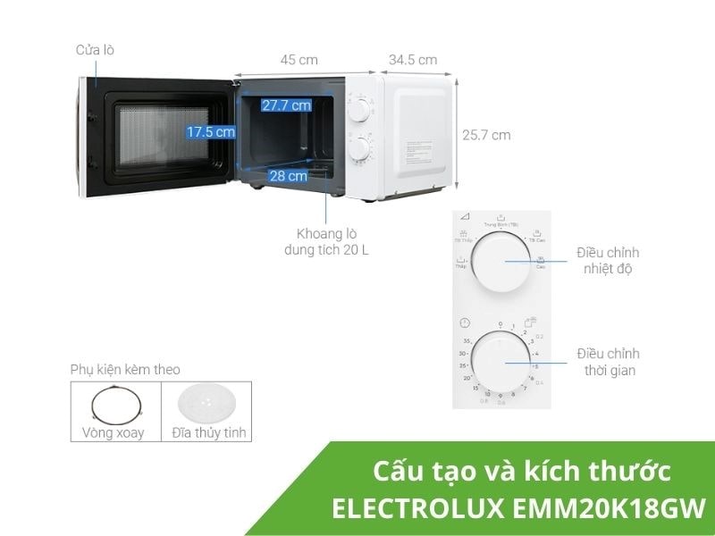 Thông số lò vi sóng cơ ELECTROLUX EMM20K18GW - 20L