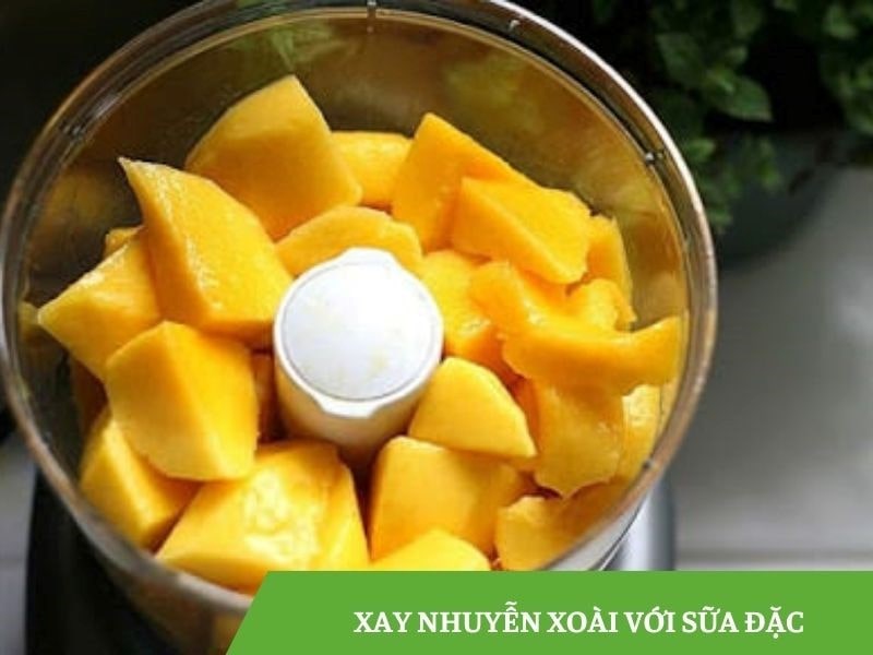 Xay nhuyễn hỗn hợp xoài và sữa bằng máy xay sinh tố