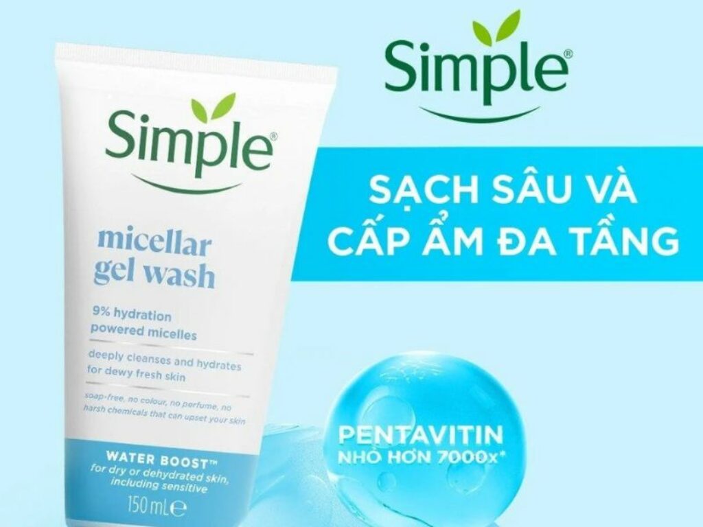 Gel rửa mặt Simple Micellar Gel Wash sạch sâu và cấp ẩm đa tầng